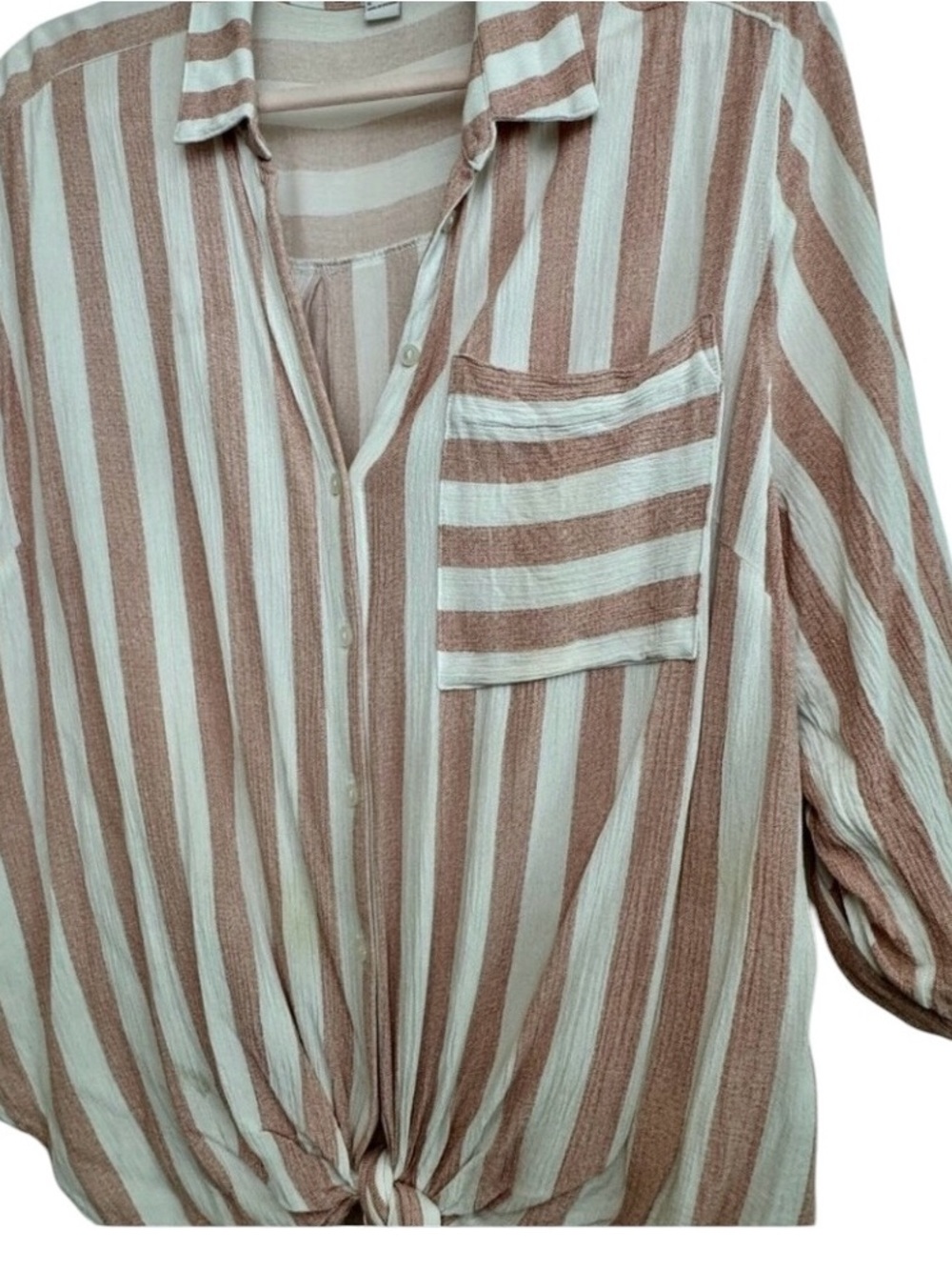 Striped Button‎ Front Casual Blouse XL Blush and Cream Tie Front 3/4 Sleeve